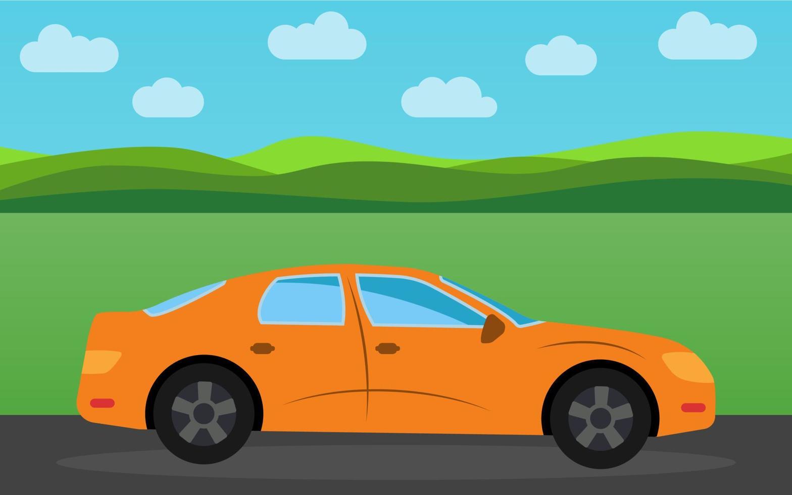 Orange sports car in the background of nature landscape in the daytime. Vector illustration.