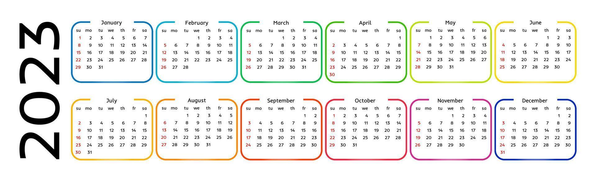 Horizontal calendar for 2023 isolated on a white background. Sunday to Monday, business template. Vector illustration