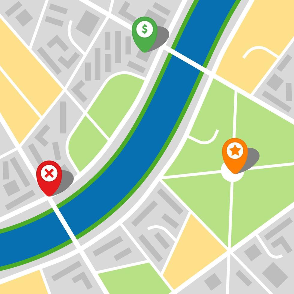 City map of an imaginary city with a river and three pins. Vector illustration.