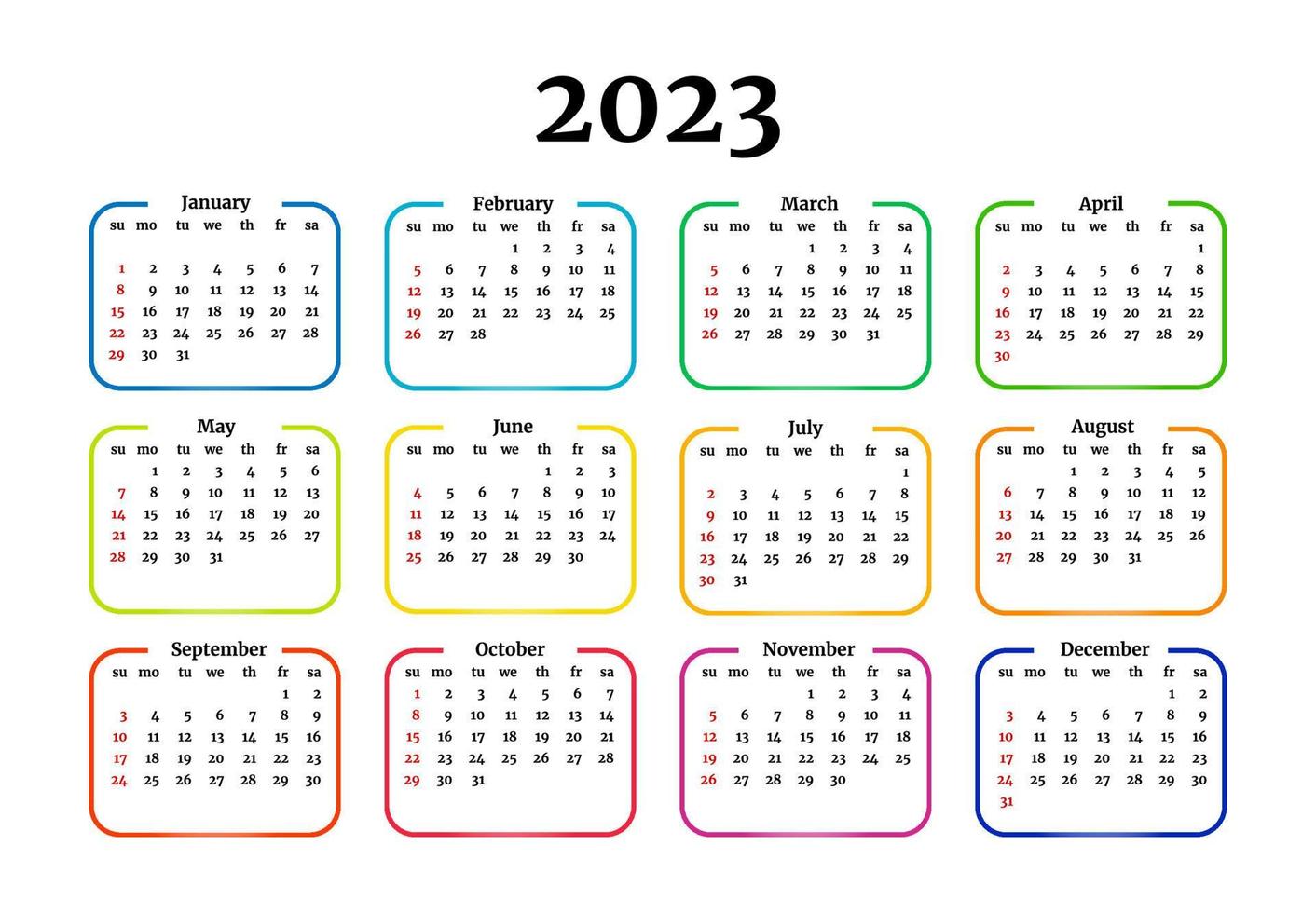 Calendar for 2023 isolated on a white background. Sunday to Monday, business template. Vector illustration