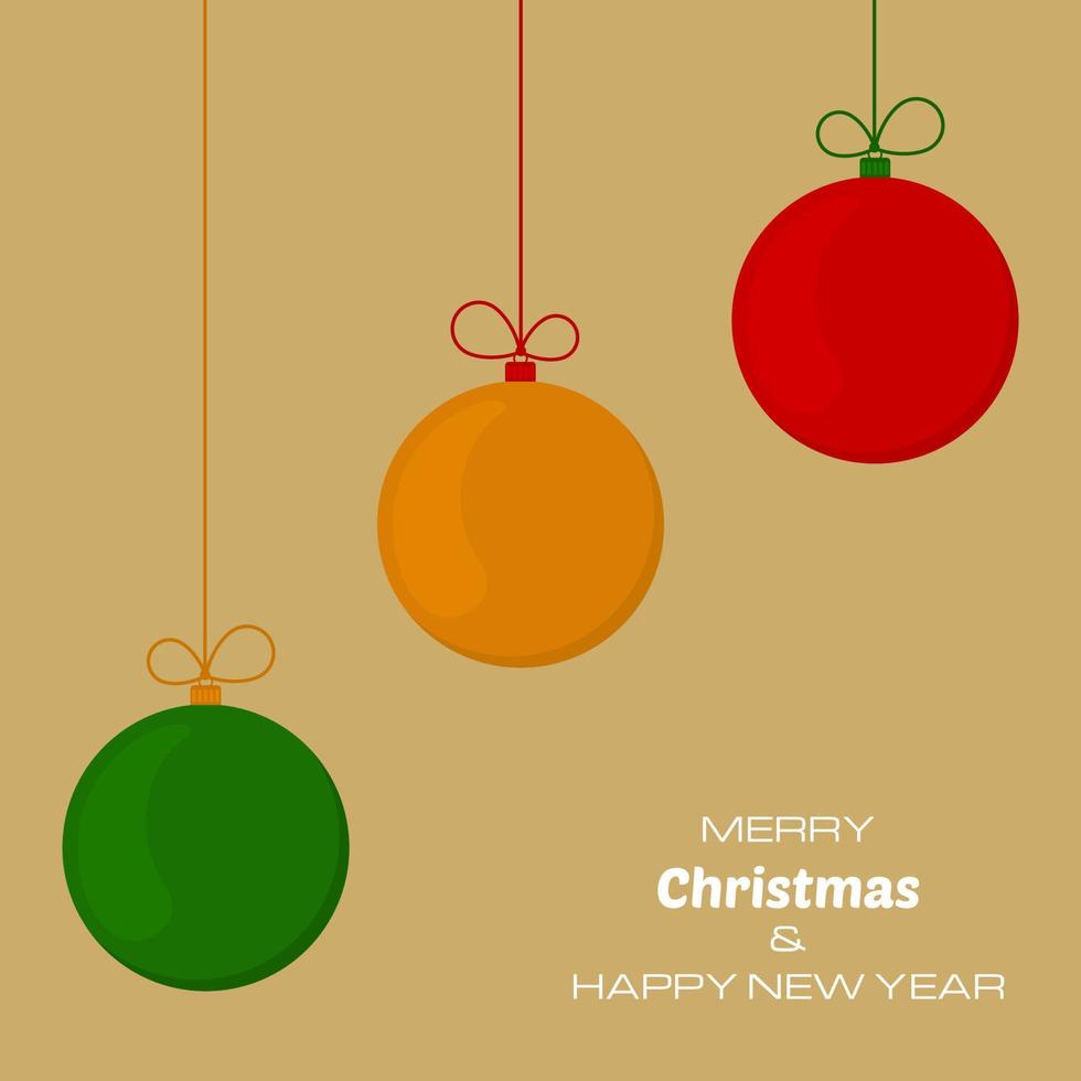 feliz navidad y feliz año nuevo fondo amarillo con tres bolas de navidad. fondo vectorial para sus tarjetas de felicitación, invitaciones, carteles festivos. vector