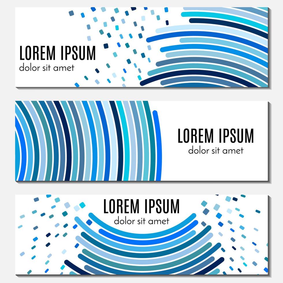 Set of blue abstract header banners with curved lines and flying pieces and place for text. Vector backgrounds for web design.