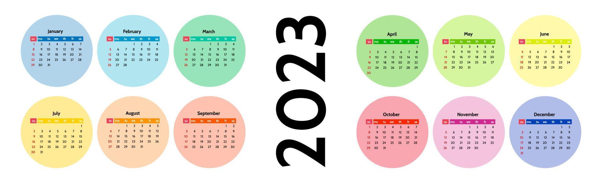 Horizontal calendar for 2023 isolated on a white background. Sunday to Monday, business template. Vector illustration