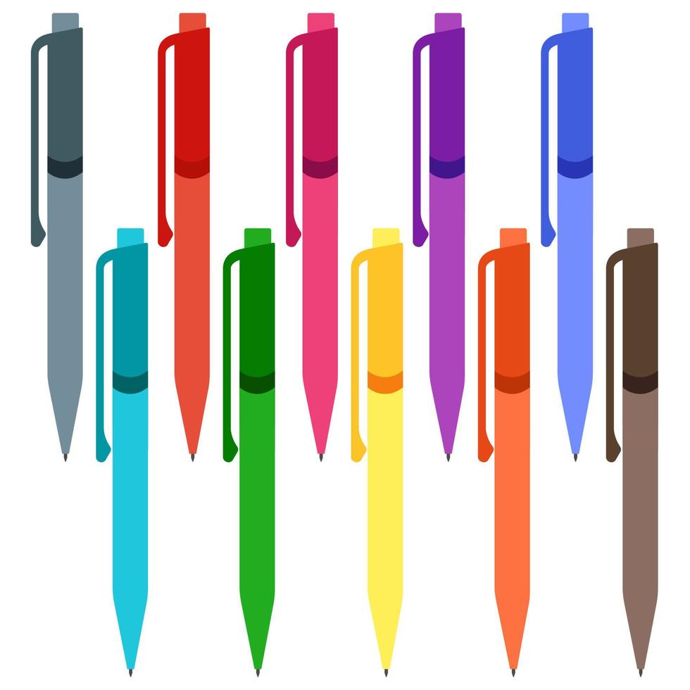 Set of multi-colored pens on a white background. Vector illustration.