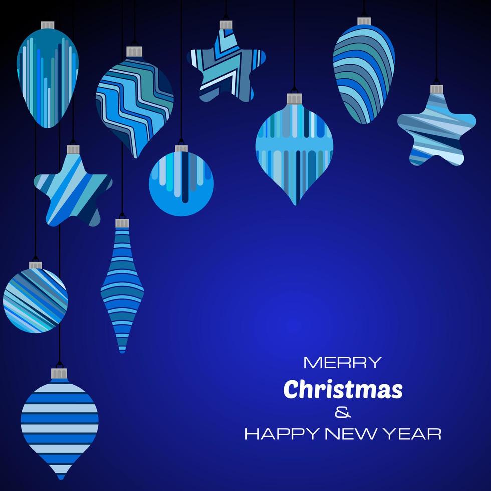 Merry Christmas and Happy New Year dark blue background with christmas balls. Vector background for your greeting cards, invitations, festive posters.