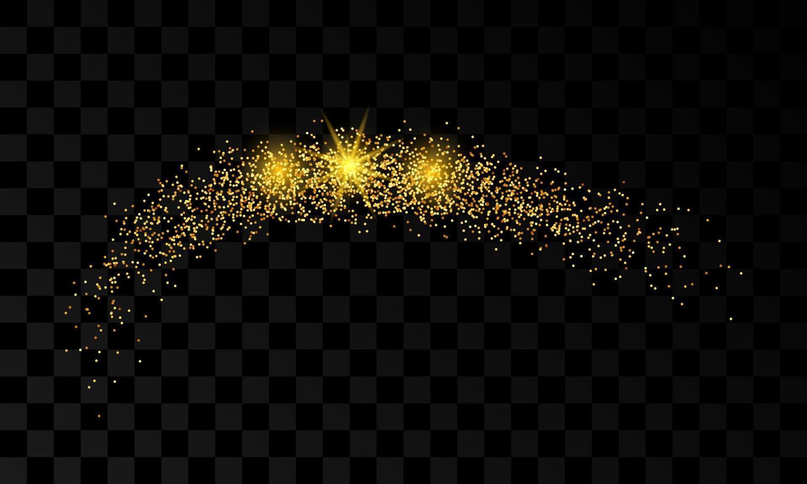 Light wave with gold glitter effect on a dark transparent background. Abstract swirl lines. Vector illustration