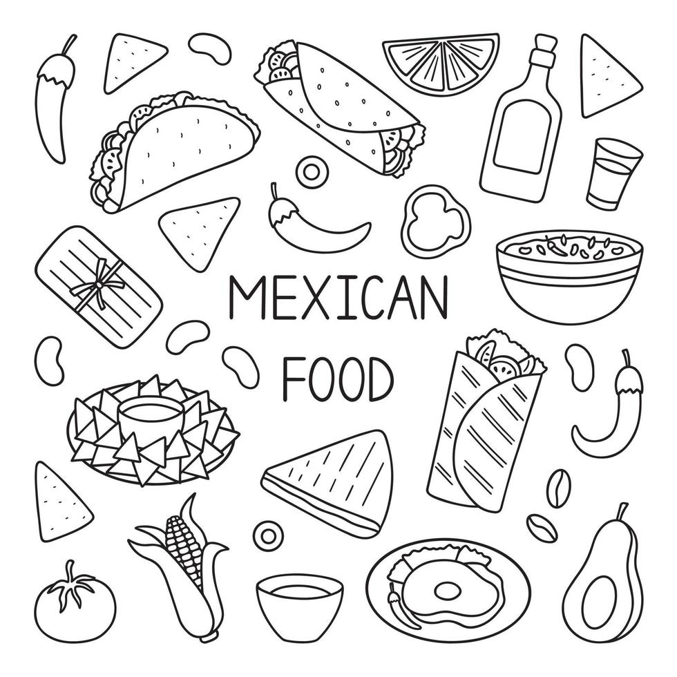 Mexican food doodle set. Mexican cuisine. Burrito, taco, nachos in sketch style. Hand drawn vector illustration isolated on white background