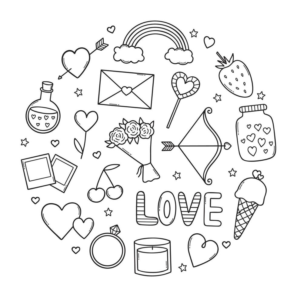 Valentine's Day doodle set. Love elements in sketch style. Hand drawn vector illustration isolated on white background