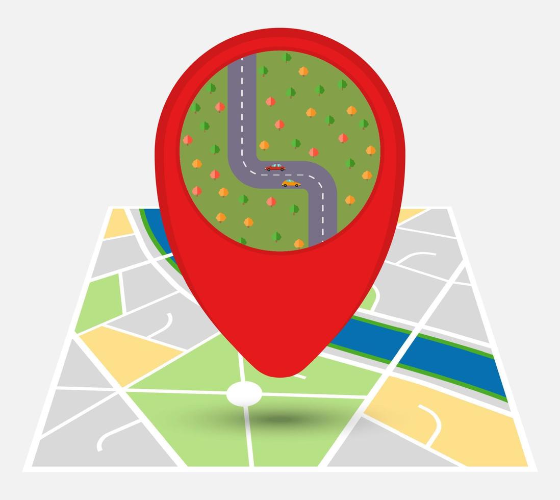Map of an imaginary city with point on the map with the road in the park. Vector illustration.