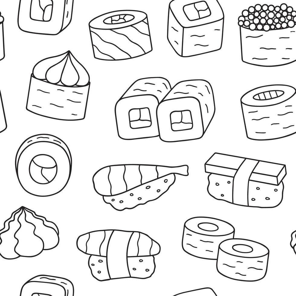 patrón sin fisuras de garabato de sushi y rollos. comida japonesa en estilo boceto. ilustración vectorial dibujada a mano vector