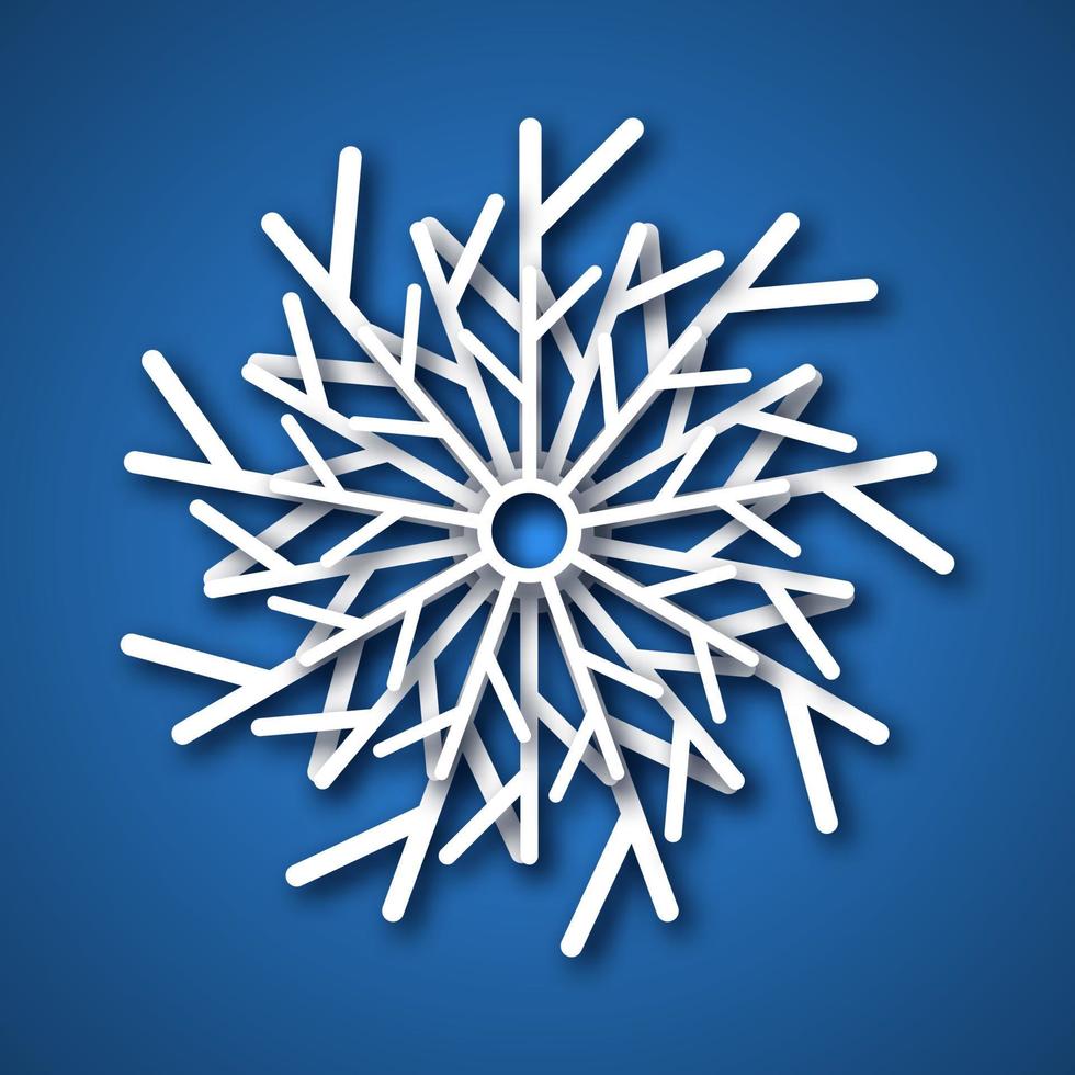 Paper cut snowflake. White snowflake on blue background. Christmas and New Year decoration elements. Vector illustration