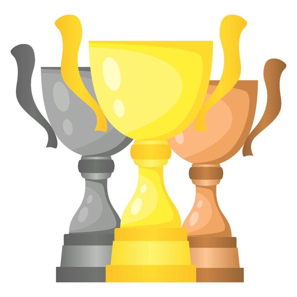 Set of vector trophy champion cups in gold, silver and bronze. Championship prizes for first, second and third place. Victory symbols isolated on white background.