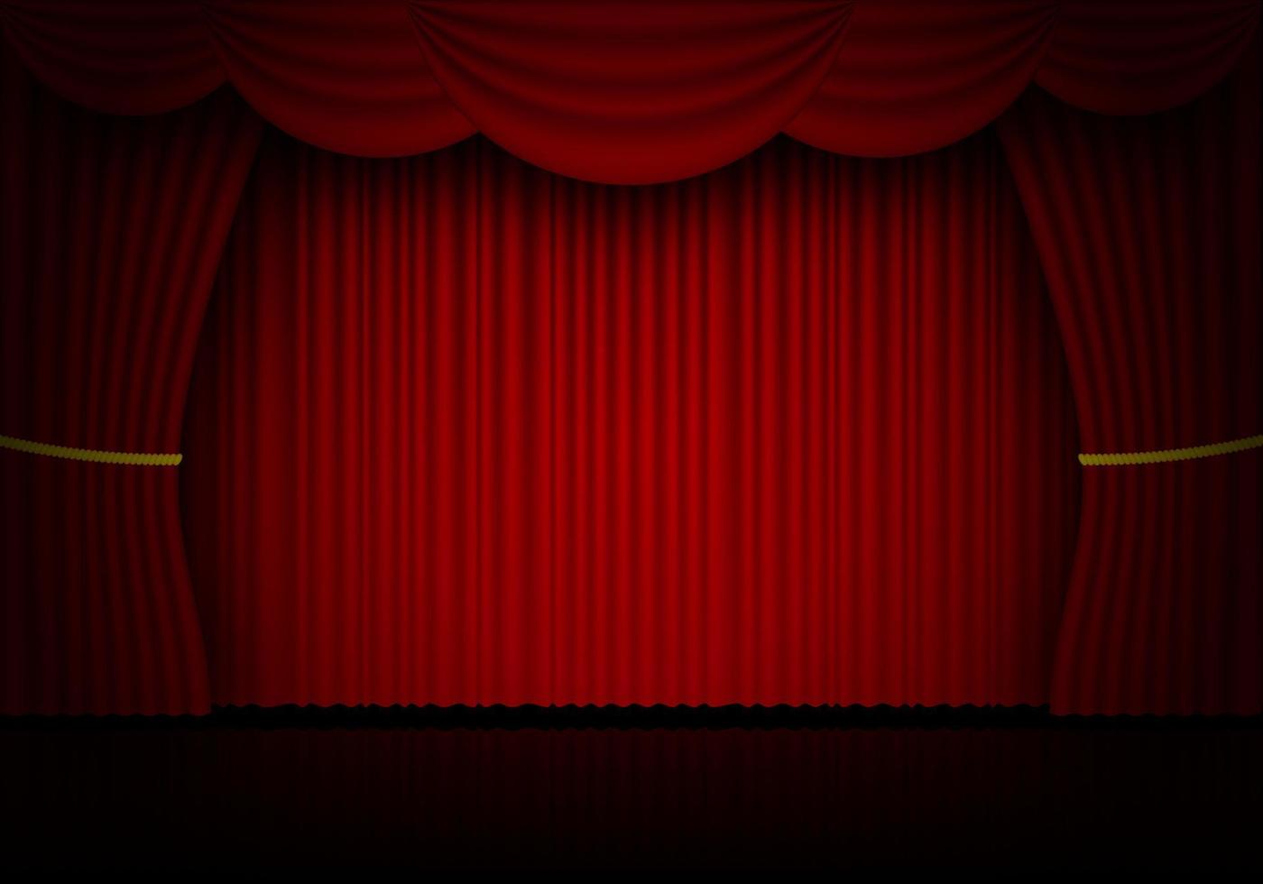 Red curtain opera, cinema or theater stage drapes. Spotlight on closed velvet curtains background. Vector illustration