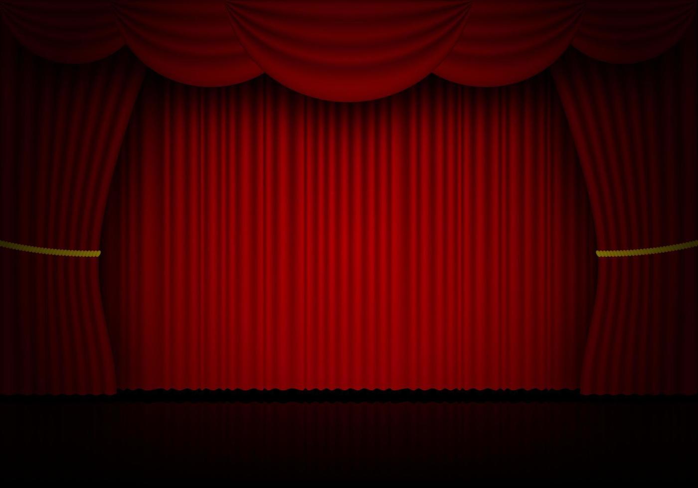 Red curtain opera, cinema or theater stage drapes. Spotlight on closed velvet curtains background. Vector illustration