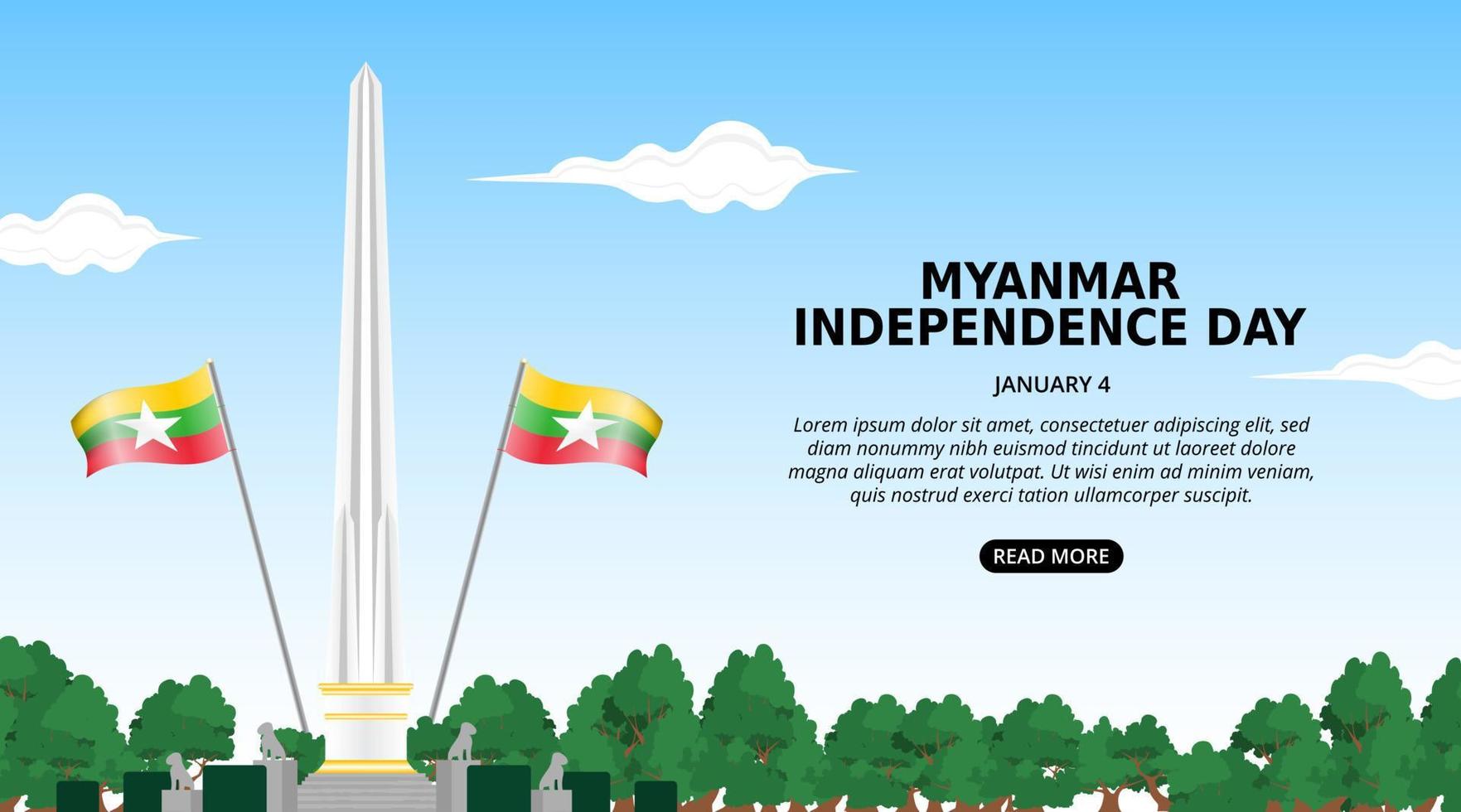 fondo del día de la independencia de myanmar con jardín del monumento a la independencia y bandera ondeante vector