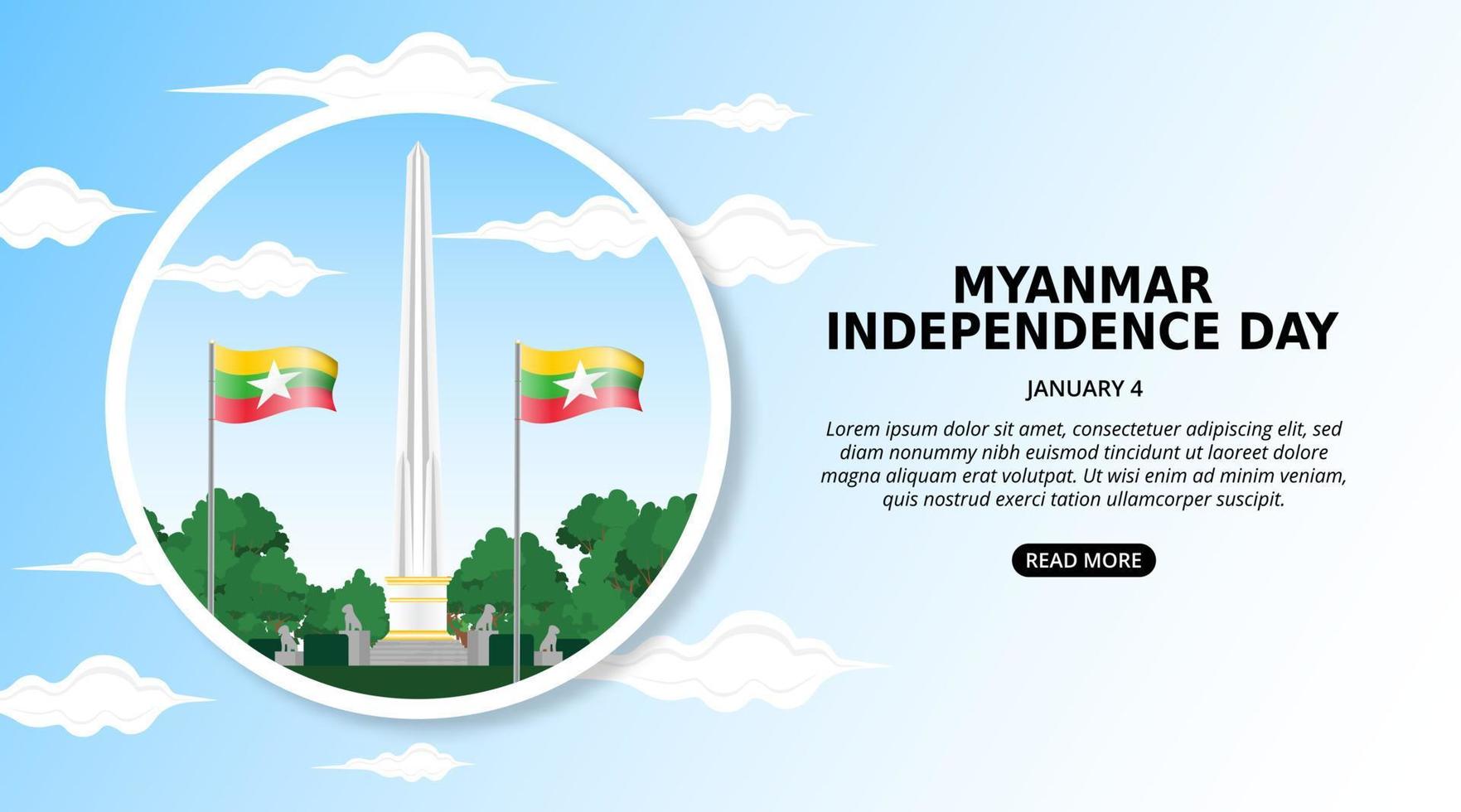 fondo del día de la independencia de myanmar con foto del jardín y la bandera del monumento de la independencia vector