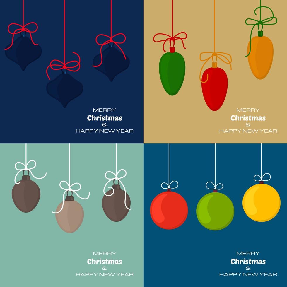Set of four Merry Christmas and Happy New Year backgrounds with christmas balls. Vector background for your greeting cards, invitations, festive posters.