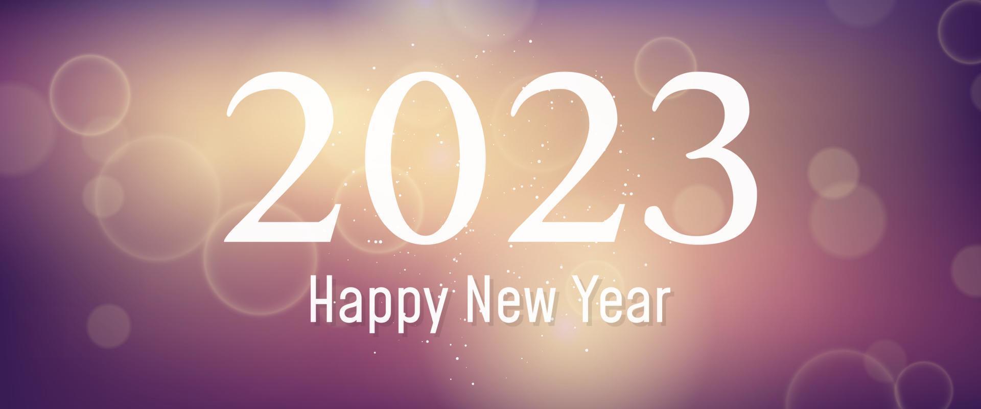 Happy new year 2023 incription on blurred background. White numbers on backdrop with confetti, bokeh and lens flare. Vector illustration