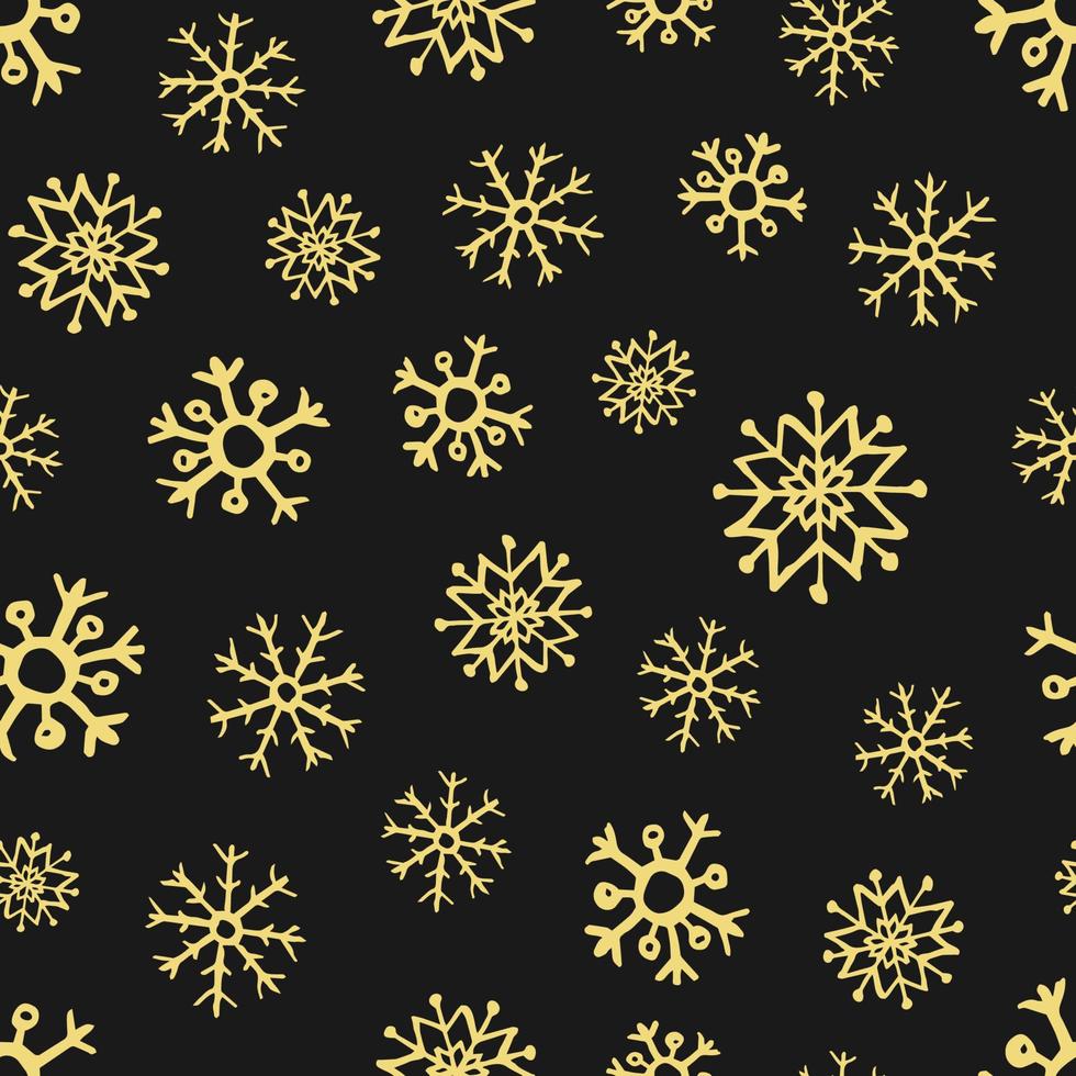 Seamless background of hand drawn snowflakes. Gold snowflakes on dark background. Christmas and New Year decoration elements. Vector illustration.