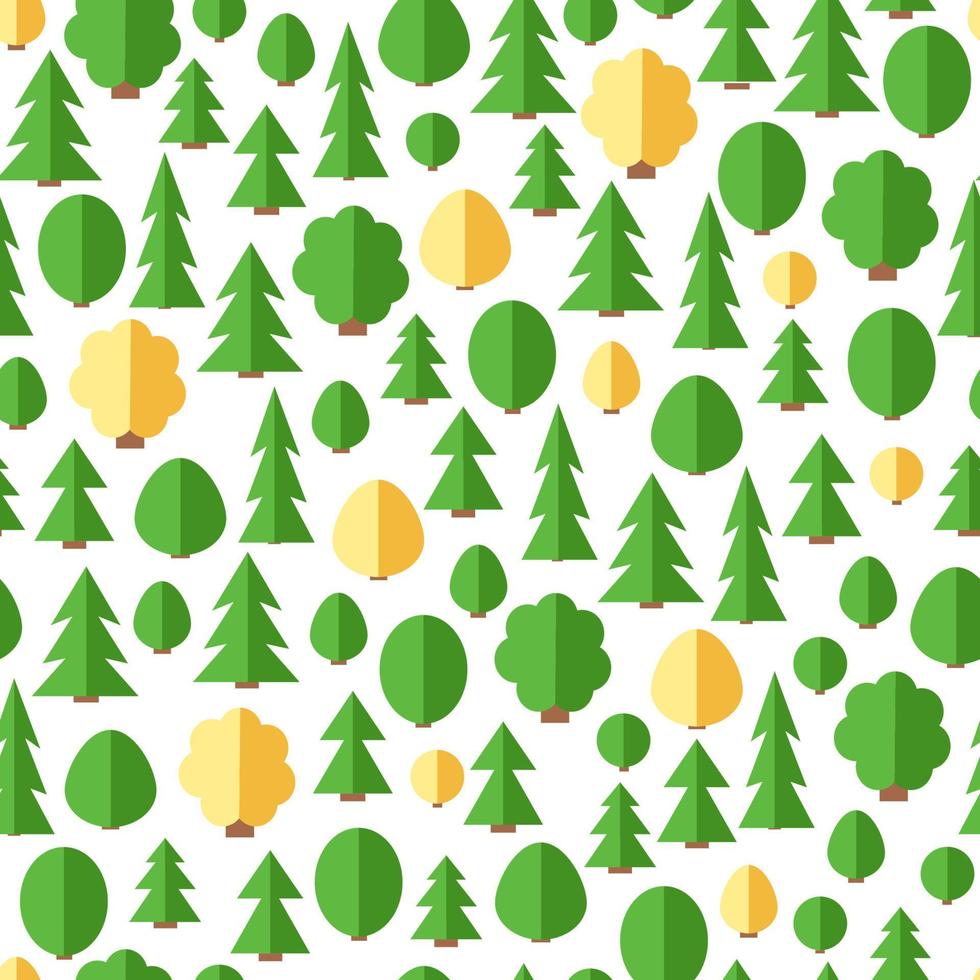 Seamless forest pattern. Seamless background with trees in flat style. Vector forest illustration on white background. Colorful seamless pattern of different trees and bushes.