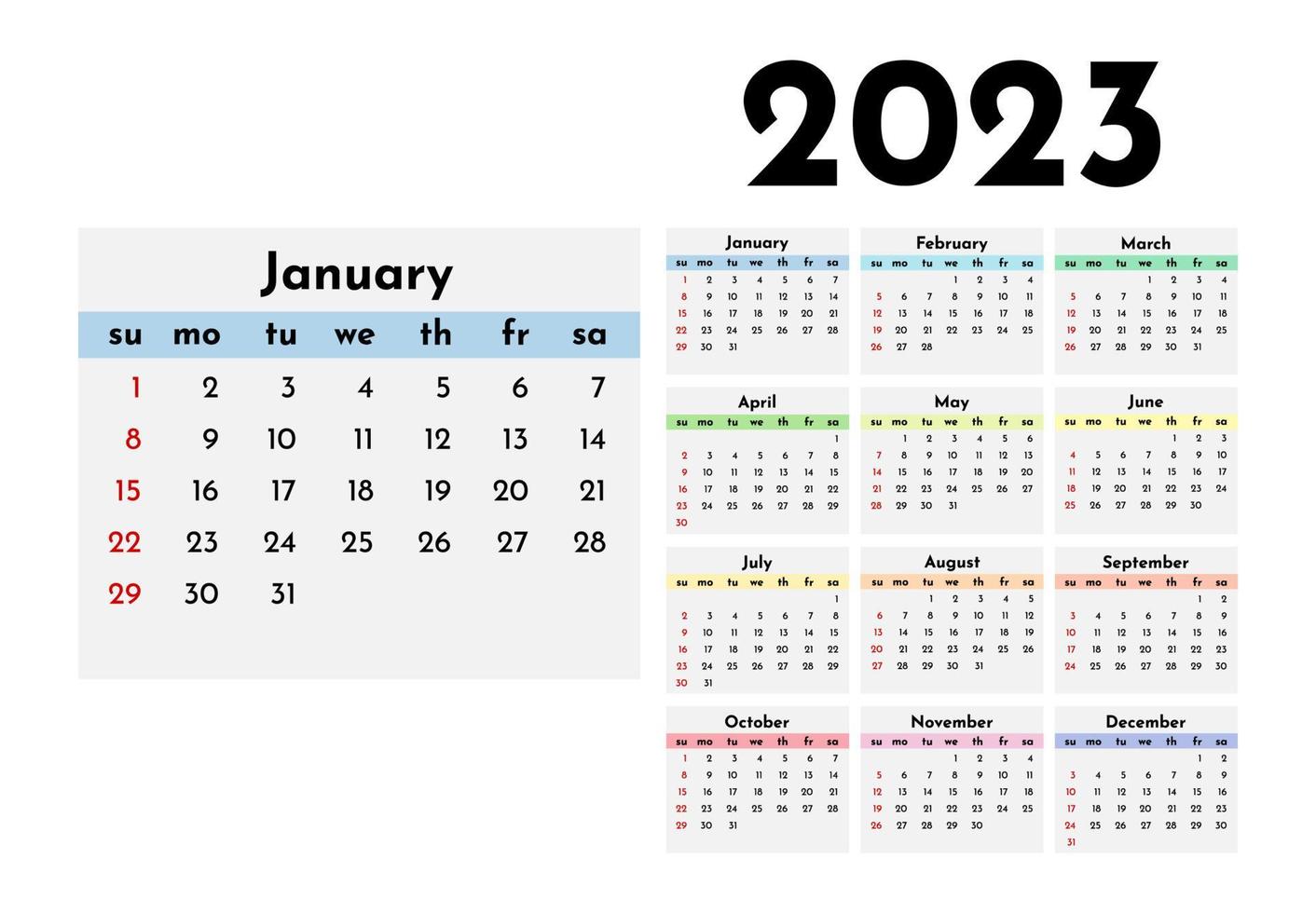 Calendar for 2023 isolated on a white background. Sunday to Monday, business template. Vector illustration