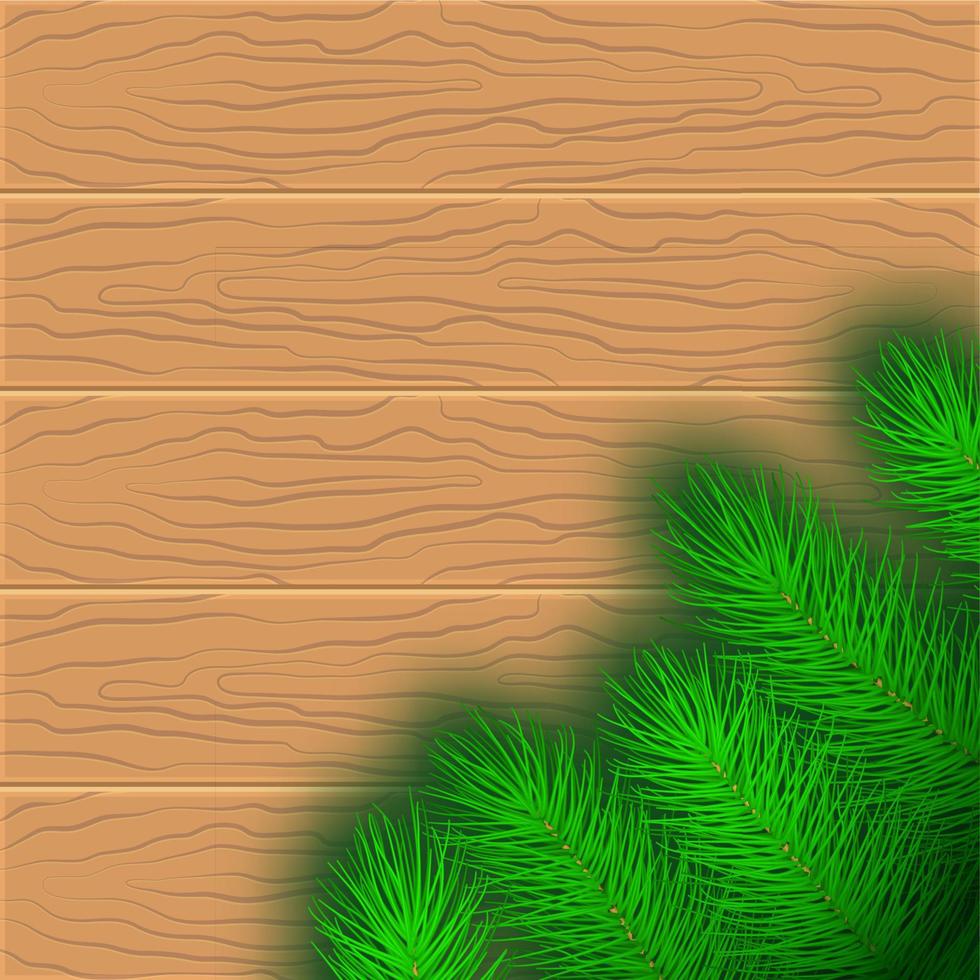 Spruce branches on a wooden table. Christmas and New Year background. Vector illustration