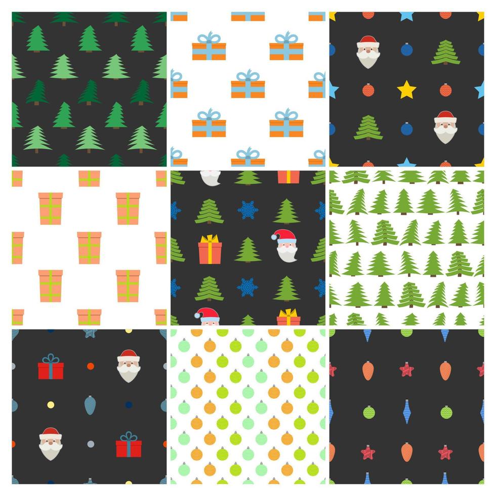 Set of nine Christmas Seamless Patterns with icons in flat style. Vector illustration