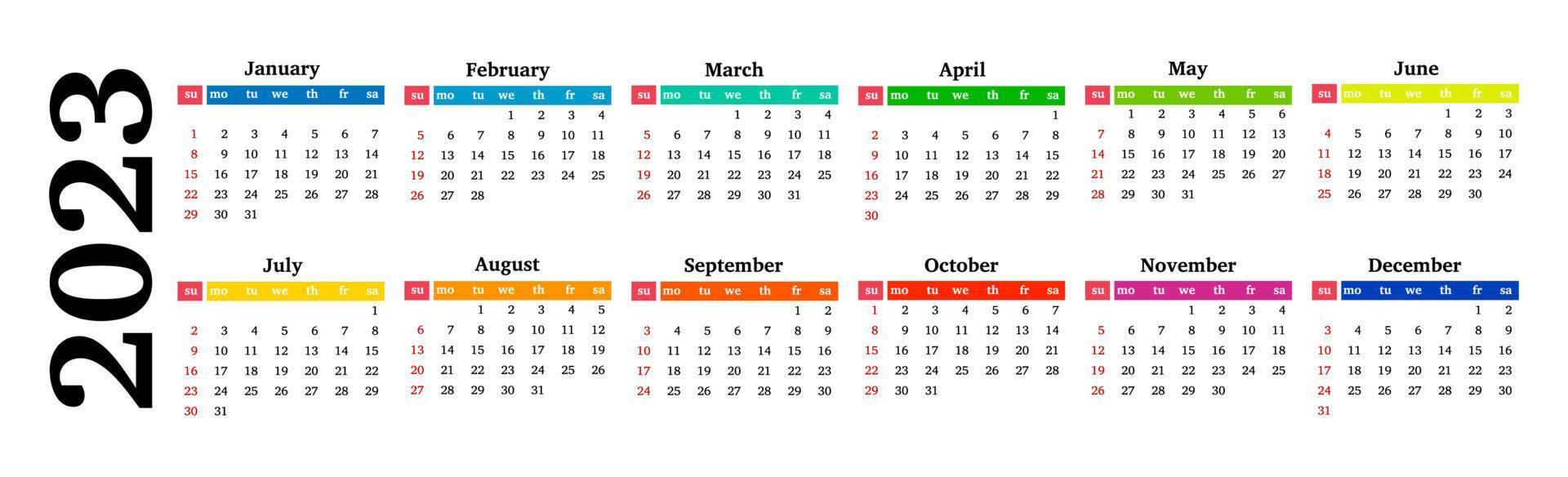 Horizontal calendar for 2023 isolated on a white background. Sunday to Monday, business template. Vector illustration