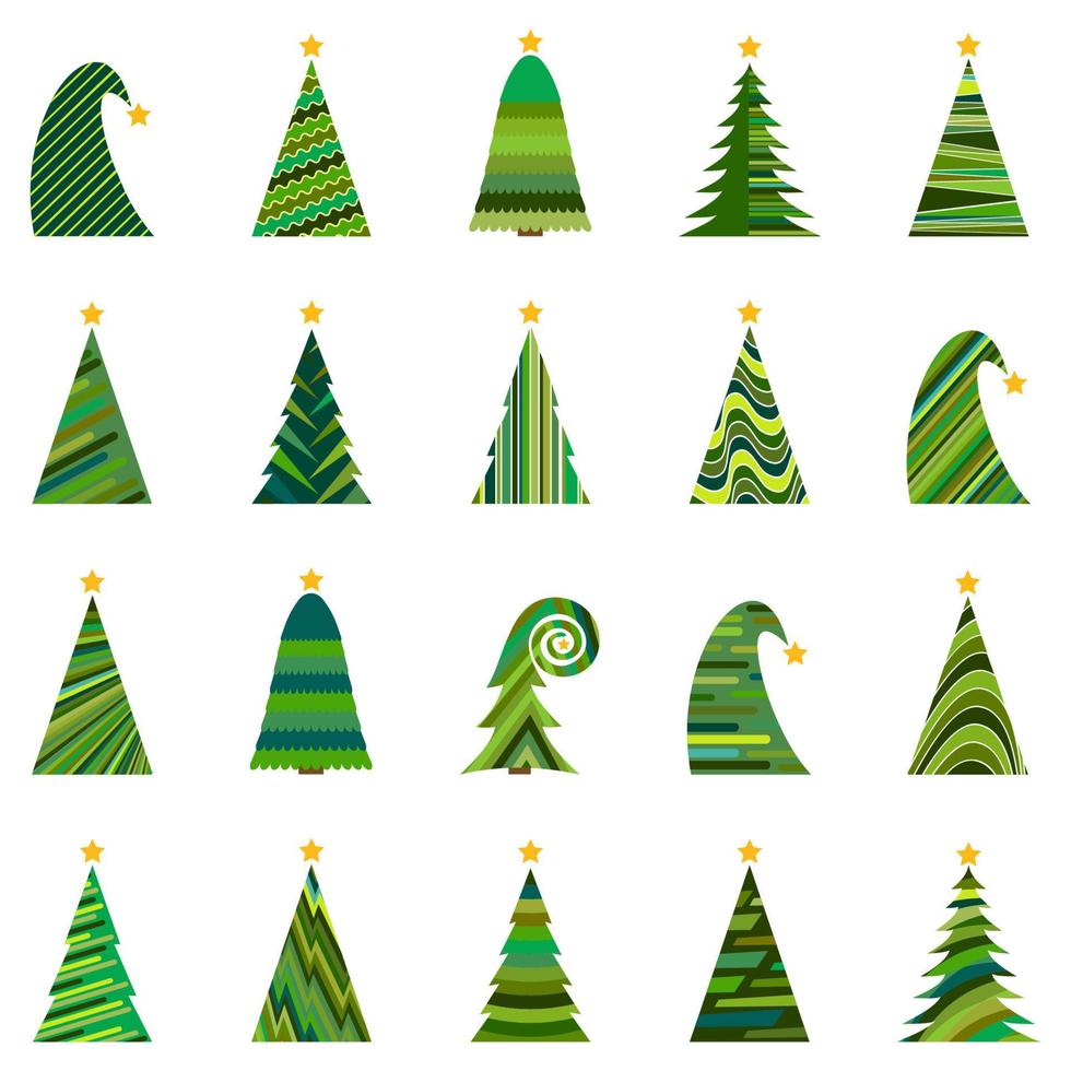Set of twenty different Christmas trees. Isolated vector illustration for Merry Christmas and Happy New Year.