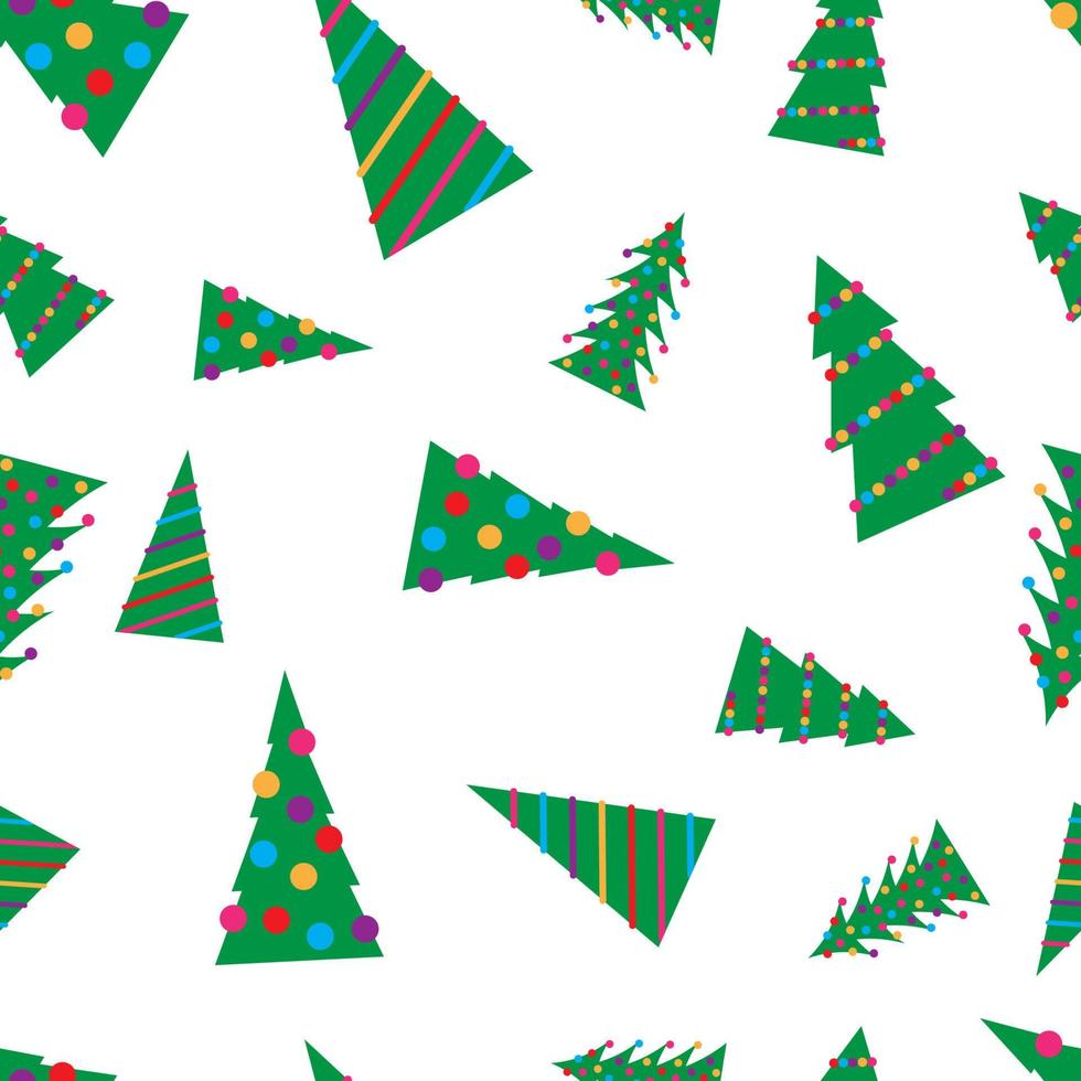 Christmas seamless pattern with green Christmas trees with colorful toys, balls and garlands. Vector illustration