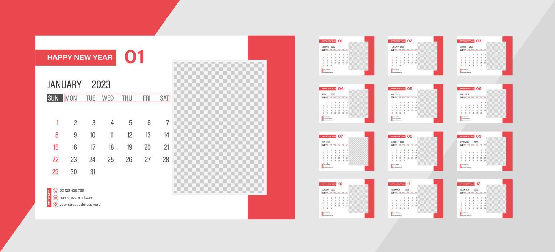 Desk Monthly Photo Calendar 2023. Simple monthly horizontal photo calendar Layout for 2023 new year in English. Cover Calendar and 12 months templates. vector