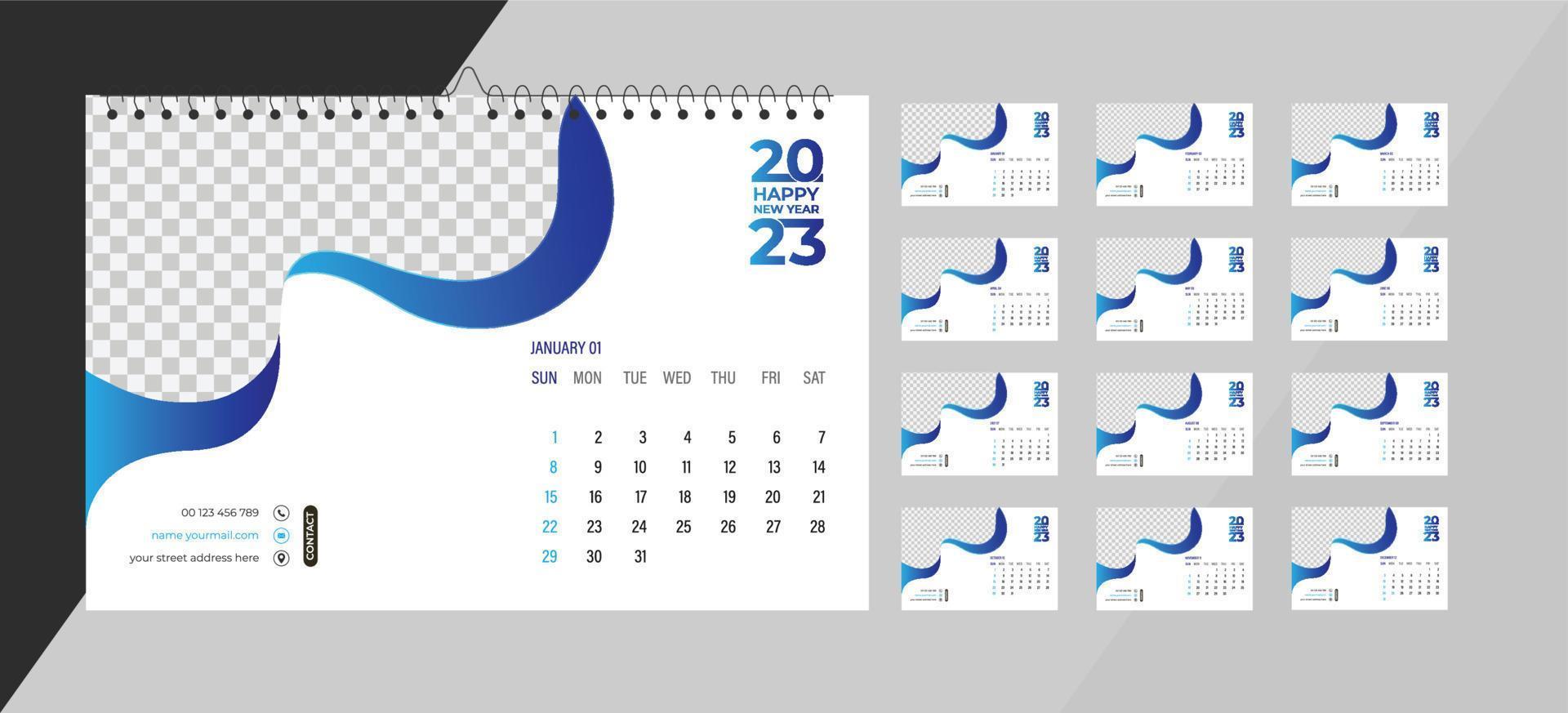 calendario de fotos mensual de escritorio 2023. diseño de calendario de fotos horizontal mensual simple para el año nuevo 2023 en inglés. calendario de portada y plantillas de 12 meses. vector