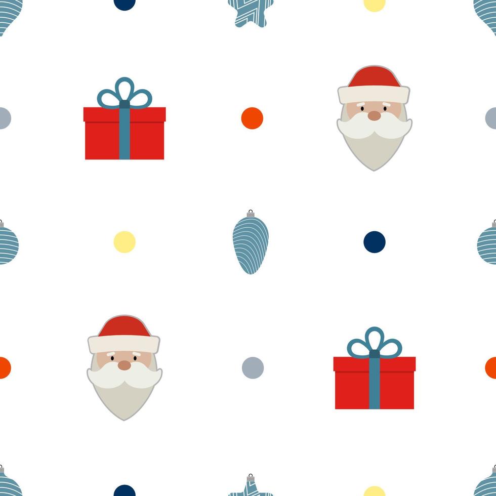 Christmas seamless pattern with gift box, christmas ball and Santa Claus on white background. Vector illustration