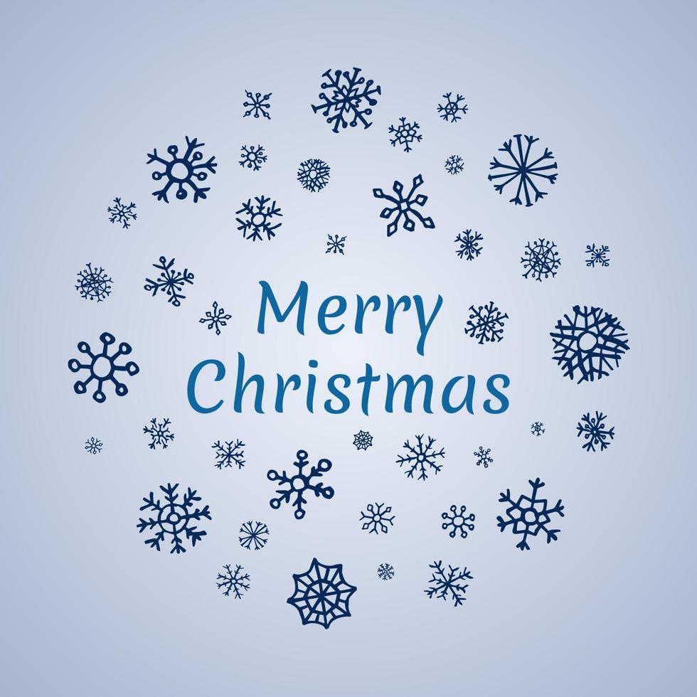 Christmas round banner with blue snowflakes on blue background and inscription Merry Christmas. Vector illustration