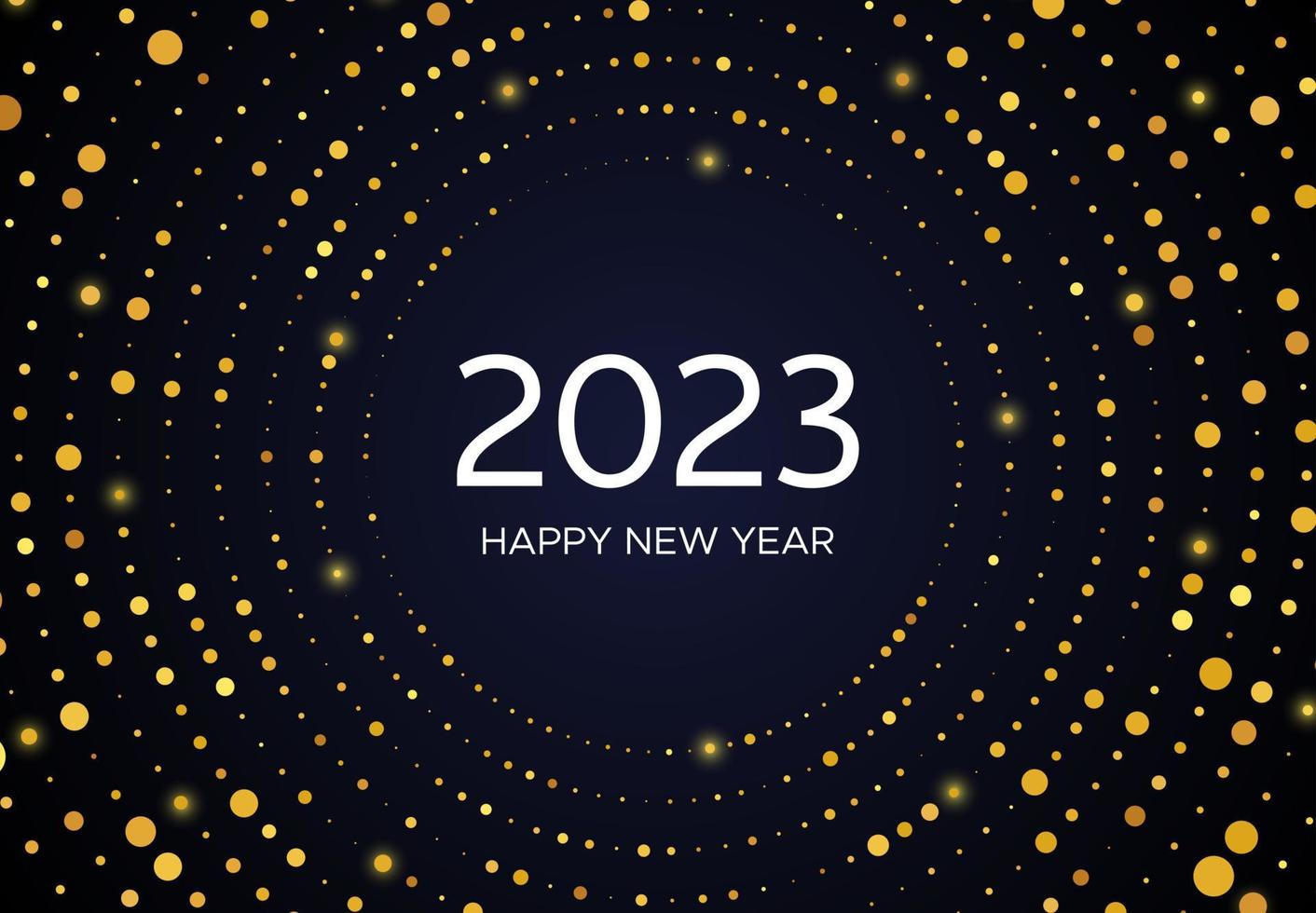 2023 Happy New Year of gold glitter pattern in circle form. Abstract gold glowing halftone dotted background for Christmas holiday greeting card on dark background. Vector illustration