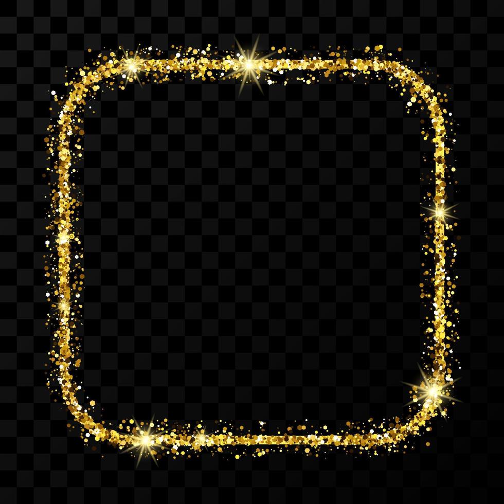 Gold glitter frame. Square with rounded corners frame with shiny sparkles on dark transparent background. Vector illustration