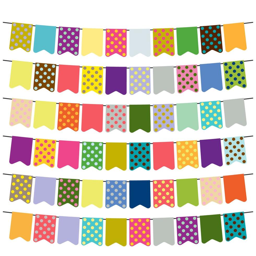 Colorful flags and bunting garlands for decoration. Decor elements with various patterns. Vector illustration