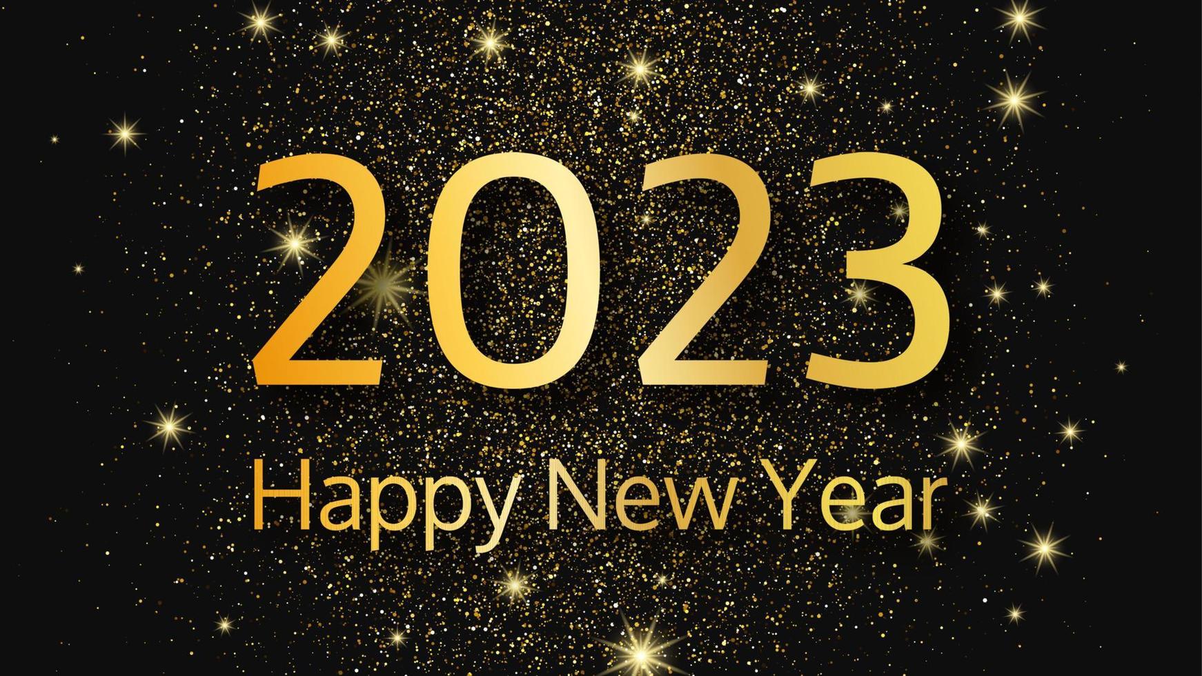 2023 Happy New Year gold background. Abstract backdrop with a gold inscription on dark for Christmas holiday greeting card, flyers or posters. Vector illustration