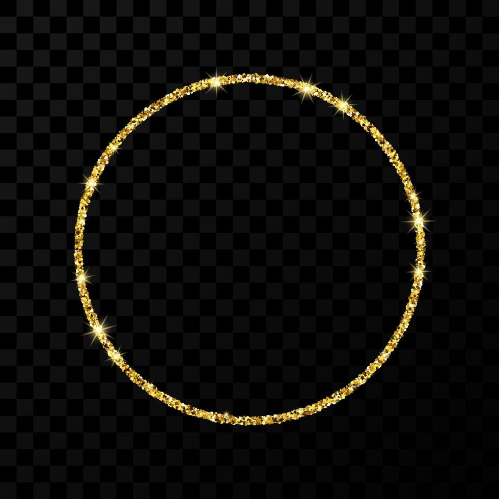 Gold glitter frame. Circle frame with shiny stars and sparkles on dark transparent background. Vector illustration