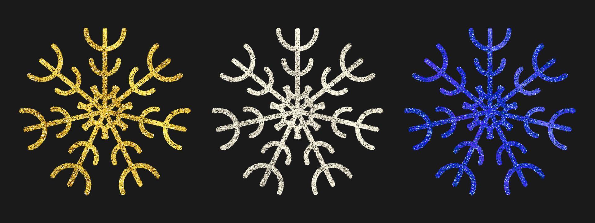 copos de nieve brillantes sobre fondo oscuro. juego de tres copos de nieve con purpurina dorada, plateada y azul. elementos de decoración de navidad y año nuevo. ilustración vectorial vector