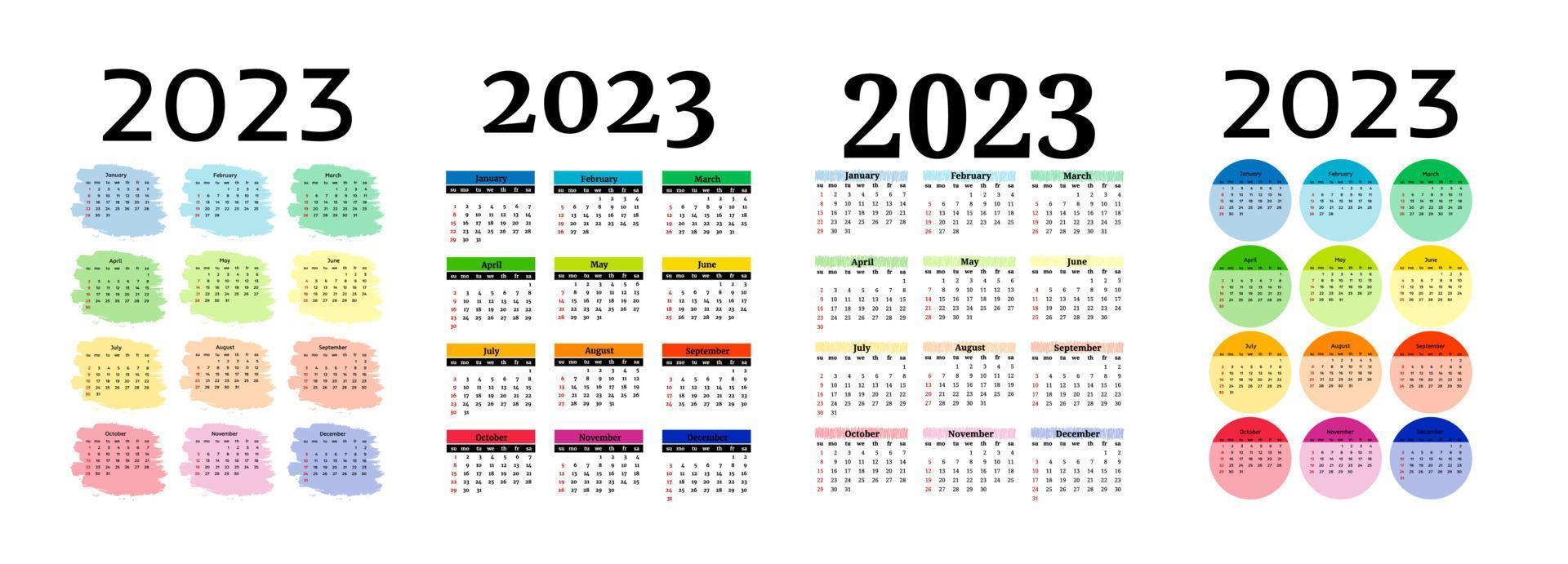 conjunto de cuatro calendarios verticales para 2023 aislados en un fondo blanco. domingo a lunes, plantilla de negocio. ilustración vectorial vector