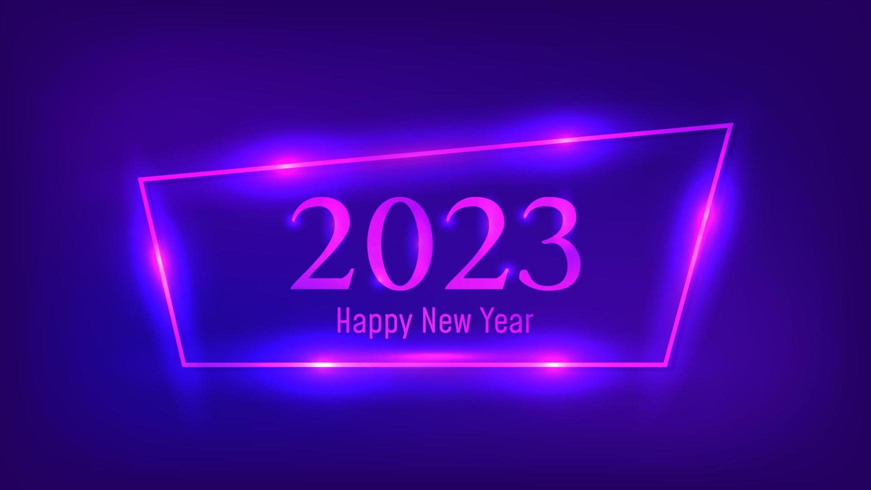 2023 Happy New Year neon background. Neon frame with shining effects for Christmas holiday greeting card, flyers or posters. Vector illustration