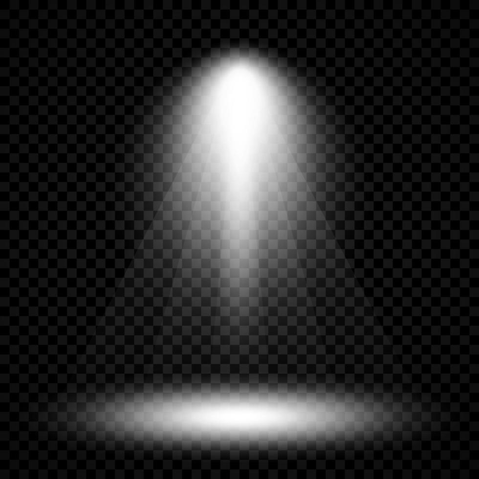 Cold white lighting with spotlight. Scene illumination effects on a dark transparent background. Vector illustration