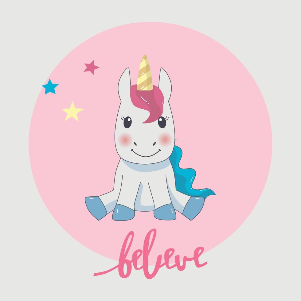 Card with cute unicorn and stars on pink bavkground vector