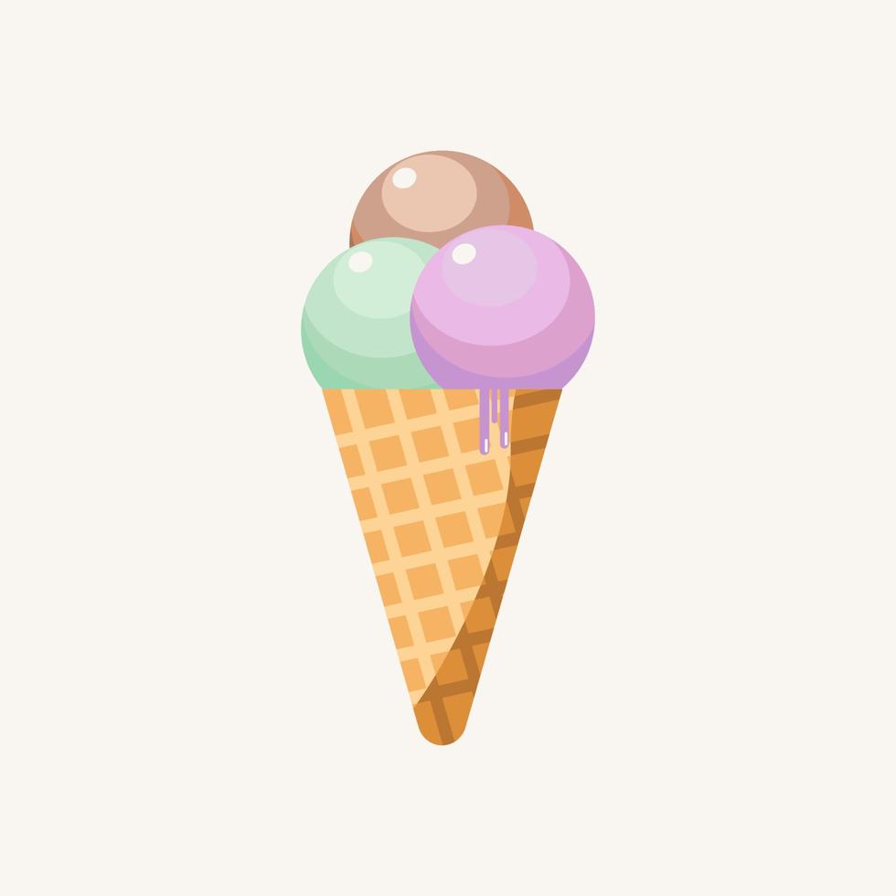 Vector illustration of ice cream in a waffle cone. Ice cream in purple, green, and cocholate colors isolated on white background idea for a poster, postcard, t-shirt.