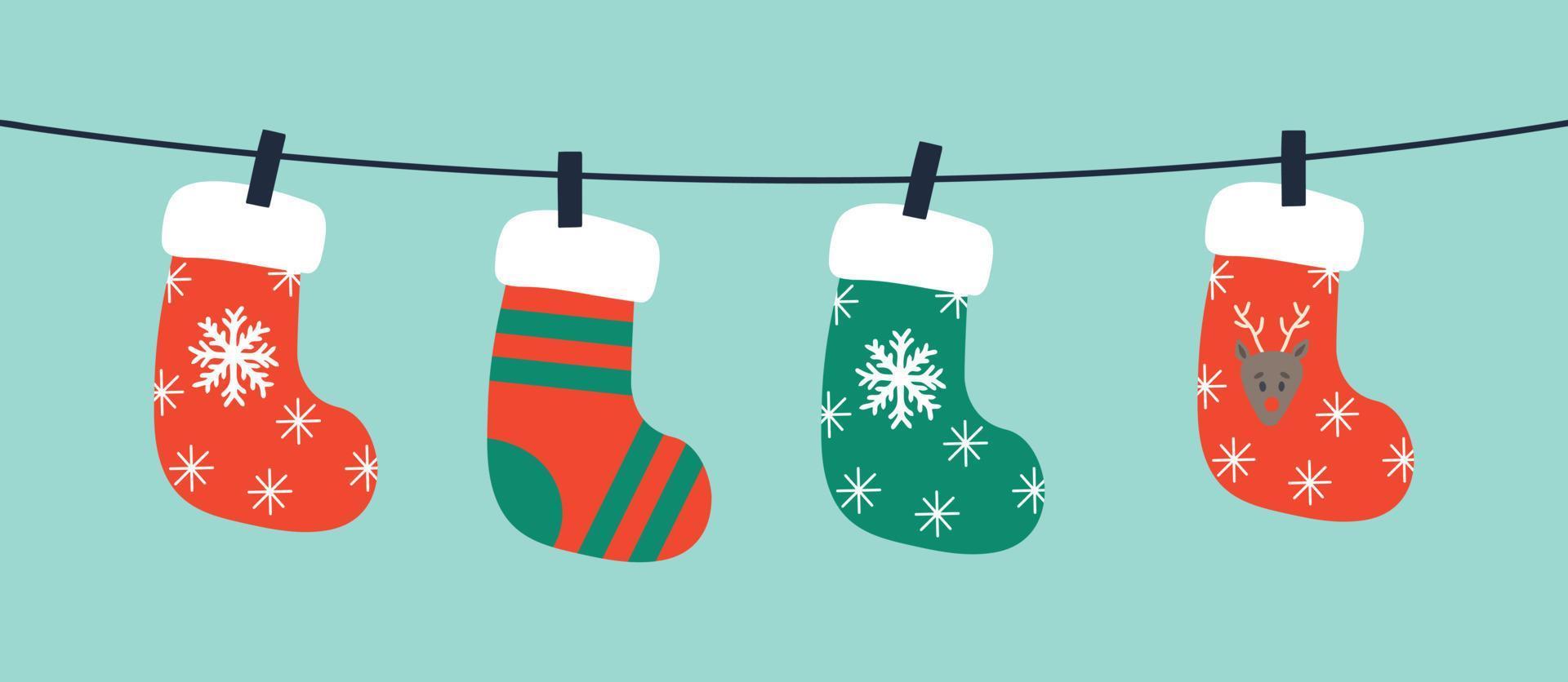 Fondo de vector de calcetines de Navidad. varios calcetines navideños colgando de una cuerda.