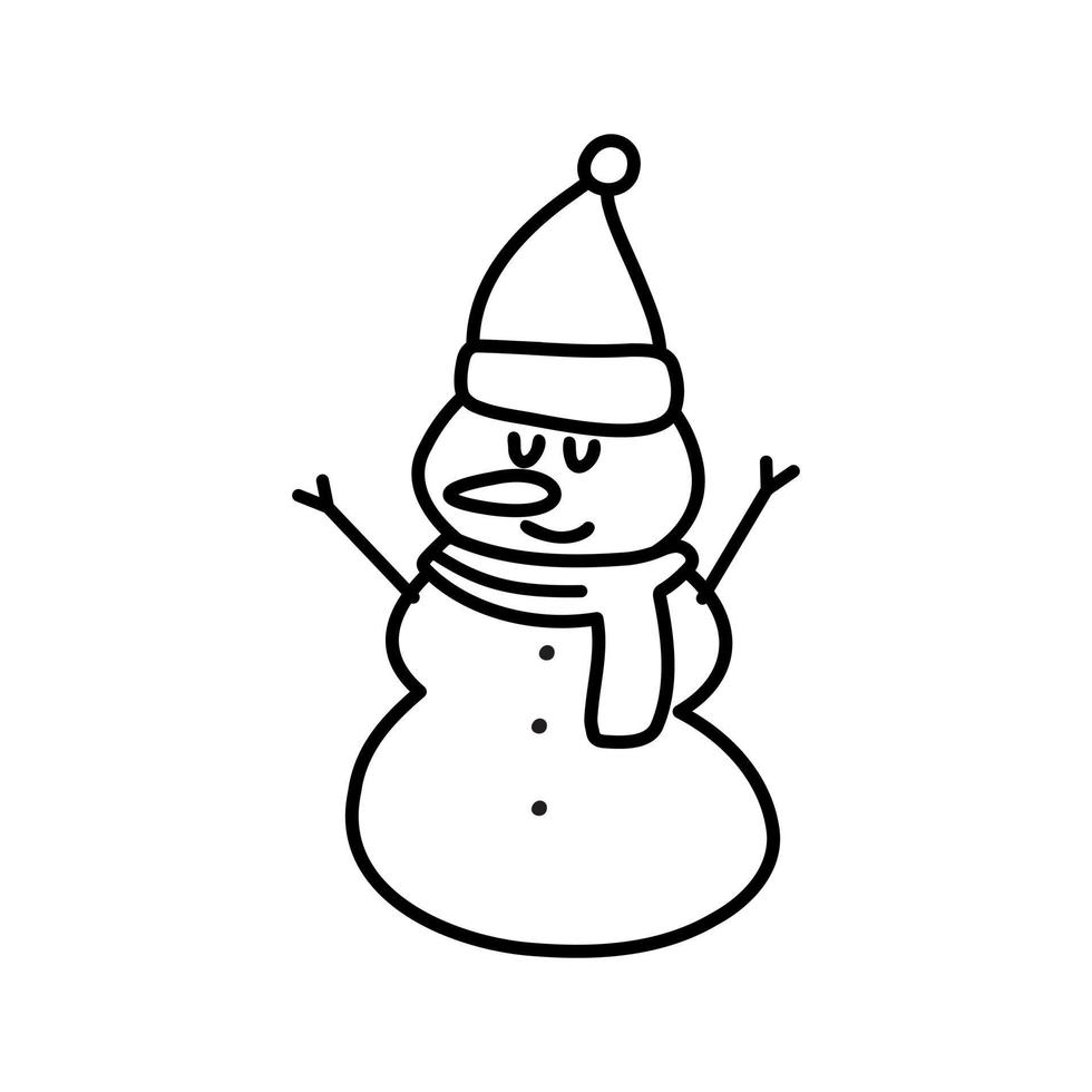 doodle ilustración de invierno de un muñeco de nieve con una zanahoria y un sombrero de santa. diseño de tarjetas de felicitación, carteles, envoltura de regalos. vector