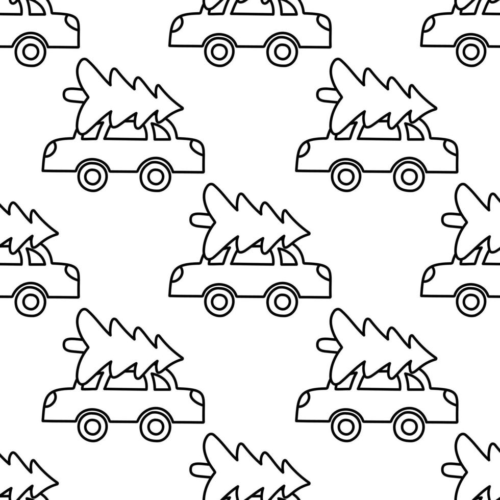 Cute winter Christmas trees on the roof of a machine pattern in doodle. Design for winter decoration interior, print posters, greeting card, business banner, wrapping. vector