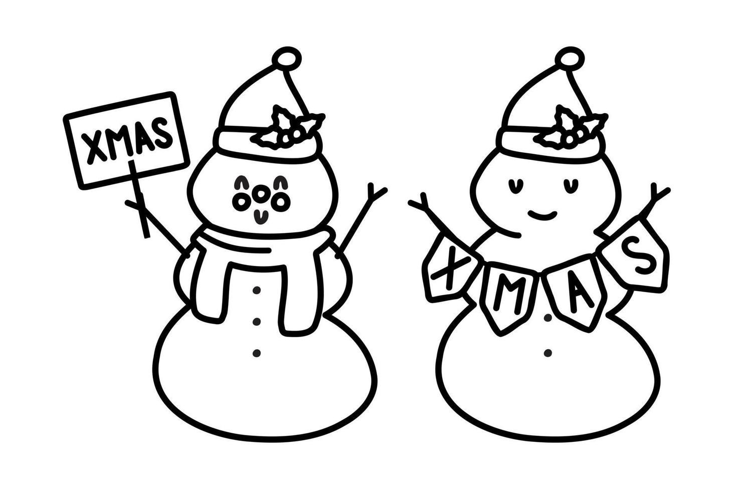 Doodle winter illustration of a snowman with a carrot and a Santa hat. Xmas. Design greeting cards, posters, gift wrapping. vector