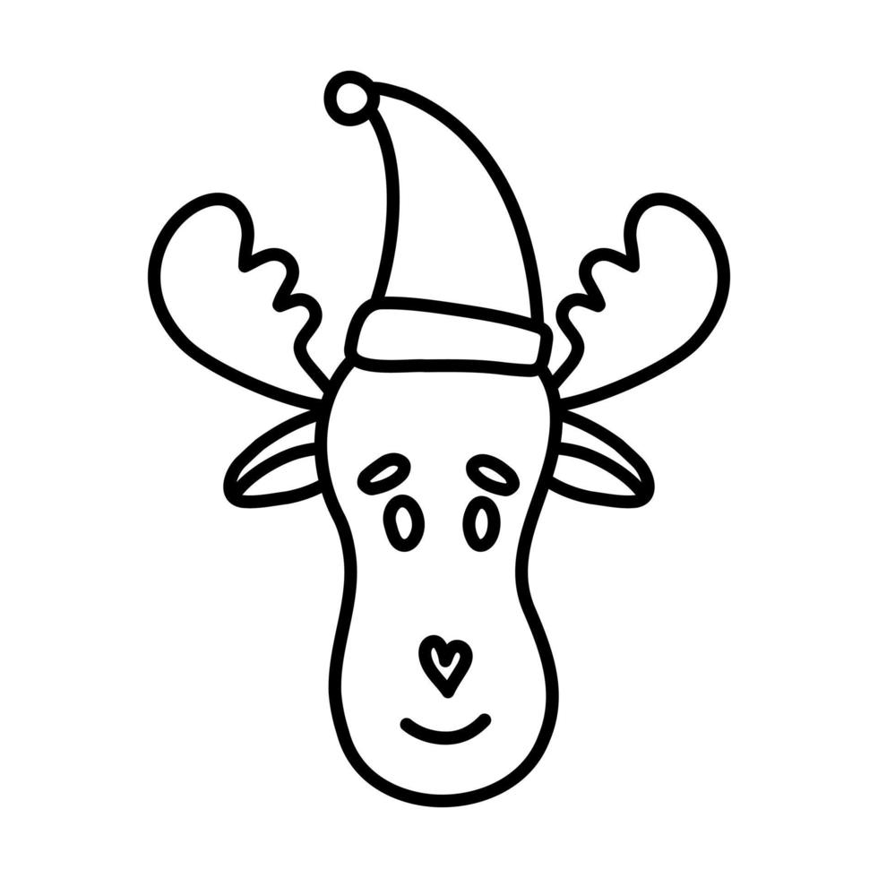 Doodle illustration of a deer in a red hat.The face of a cute brown deer with yellow horns.For design of postcards, posters.Children's card, holiday, symbol of the new year, Santa's helper vector